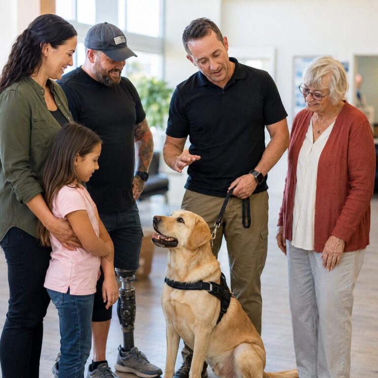 A service dog trainer with a group of potential clients in spokane, Washington