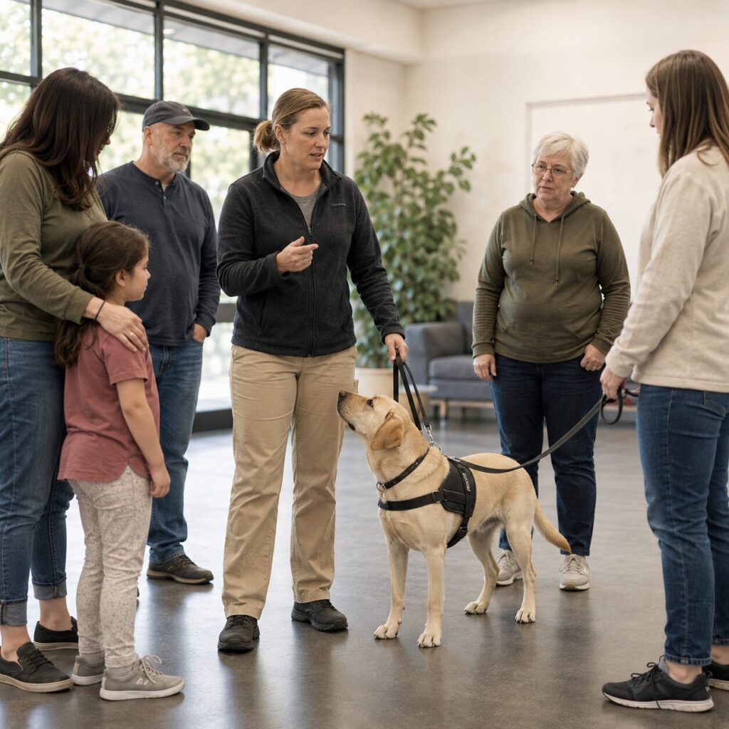 Service dog trainer in Spokane, WA talking to a group of people